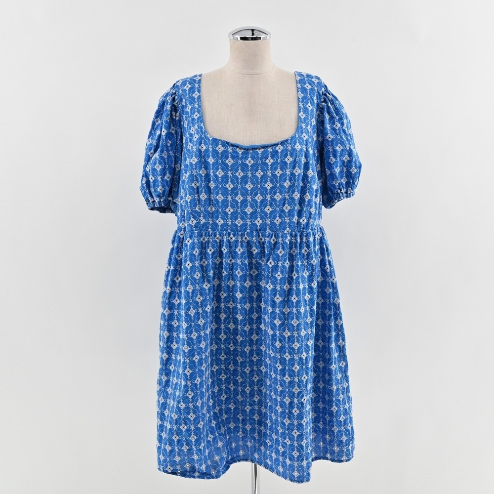 RHODE X TARGET Embroidered Eyelet‎ Dress Size 1X Blue Floral Cotton Puff Sleeve
